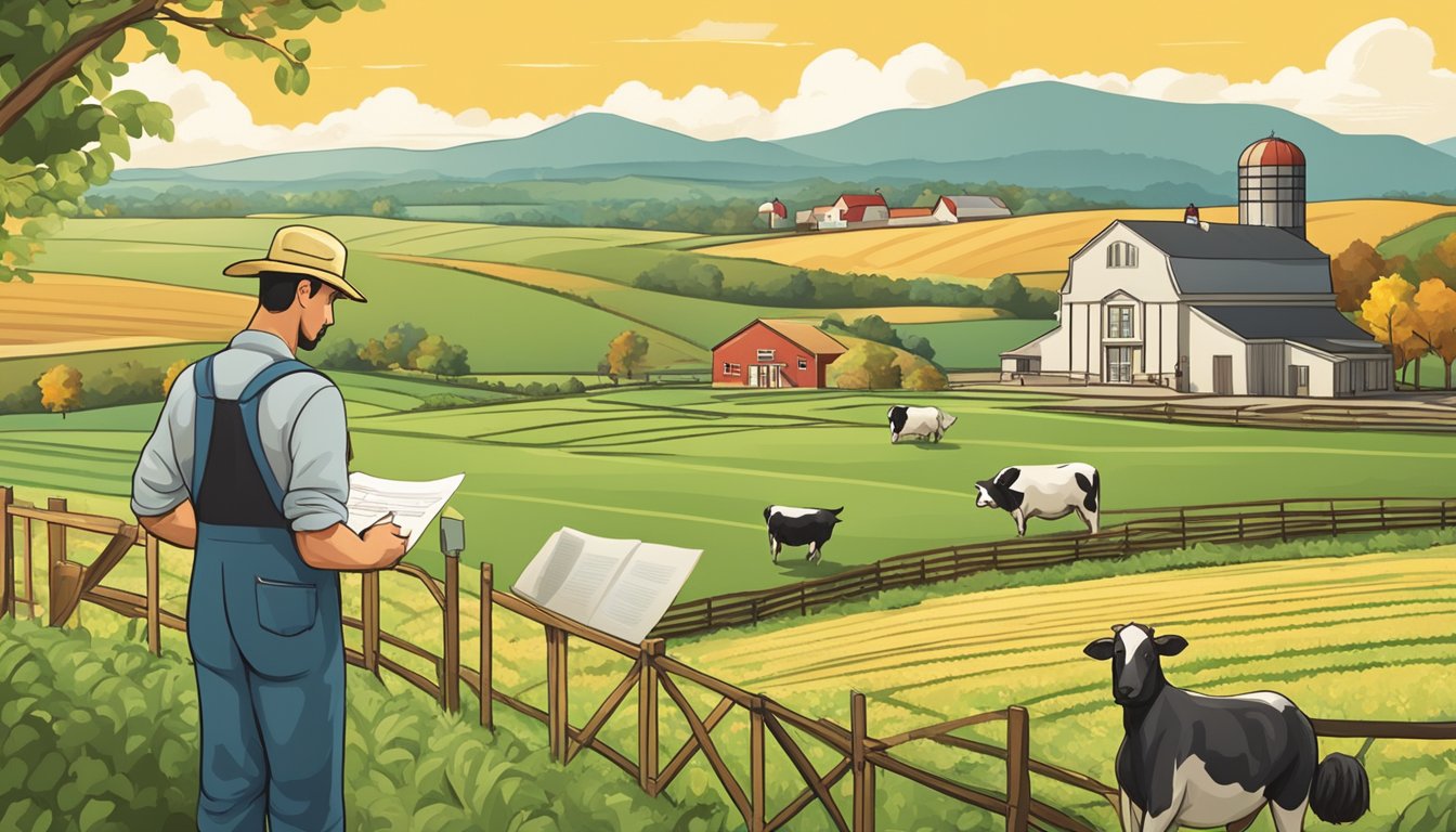 A farmer filling out paperwork surrounded by fields and livestock, with a county building in the background