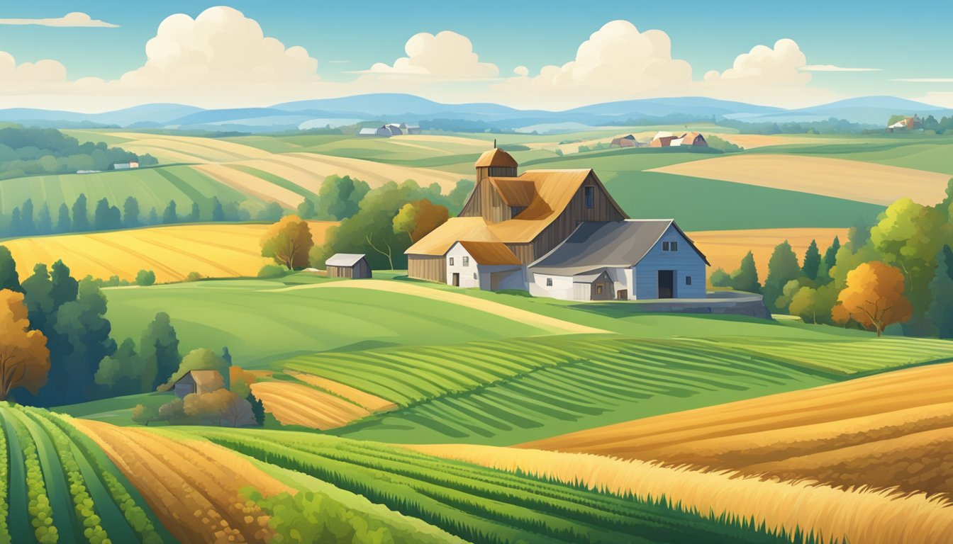 A rural landscape with a farmhouse, barn, and fields of crops under a clear blue sky