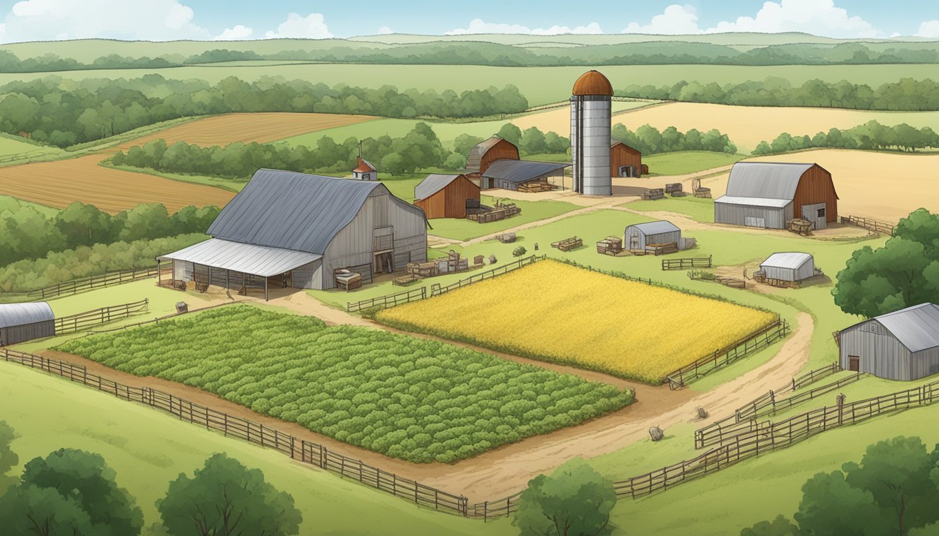 A sprawling farm in Bowie County, Texas, with fields of crops and grazing livestock, surrounded by a fence and a sign indicating "Ag Exemption Eligibility Criteria."