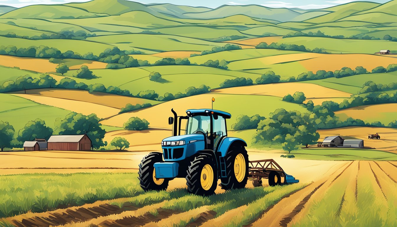 A lone tractor plowing through a vast field under the scorching Texas sun, surrounded by rolling hills and grazing cattle