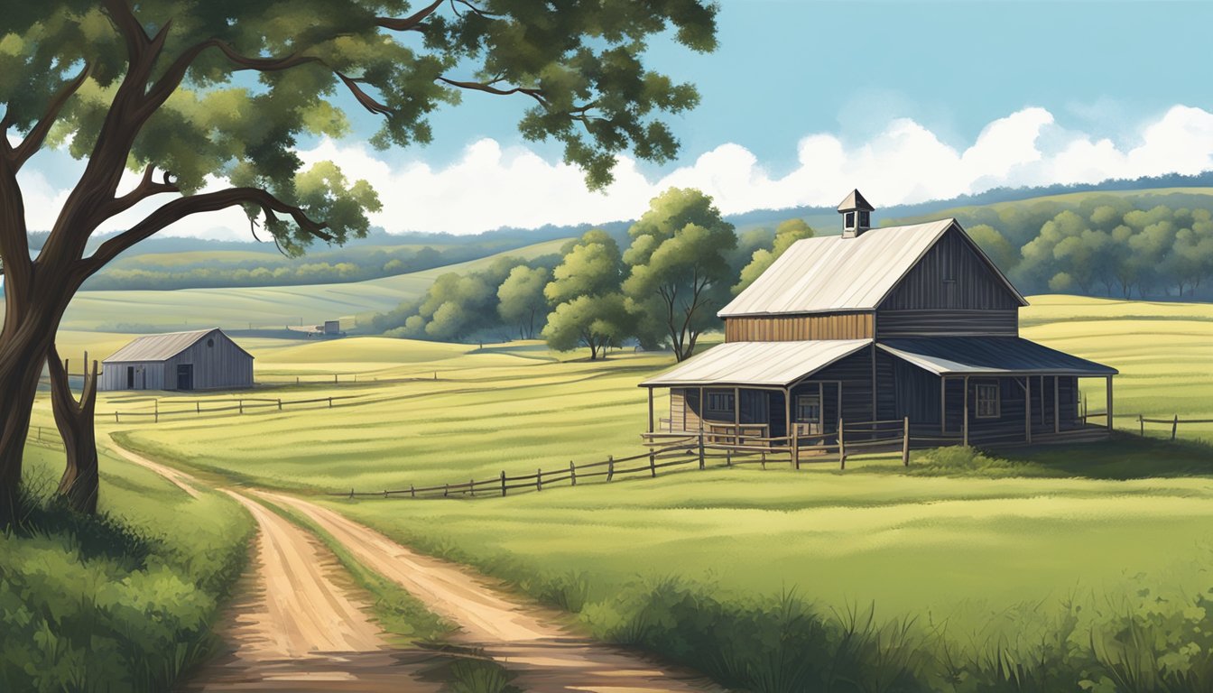 A rural landscape in Bastrop County, Texas, with a farmhouse, barn, and open fields, surrounded by rolling hills and a clear blue sky