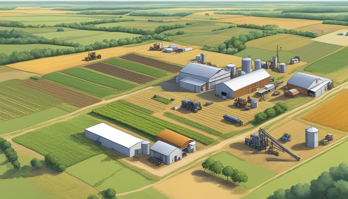 A sprawling farm in Bowie County, Texas, with fields of crops, livestock grazing, and agricultural equipment in use