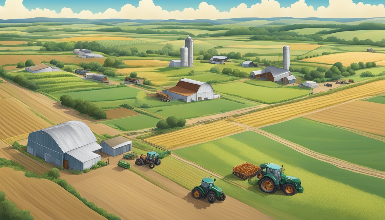 A rural landscape with a sprawling farm in Armstrong County, Texas, featuring fields of crops, grazing livestock, and agricultural equipment