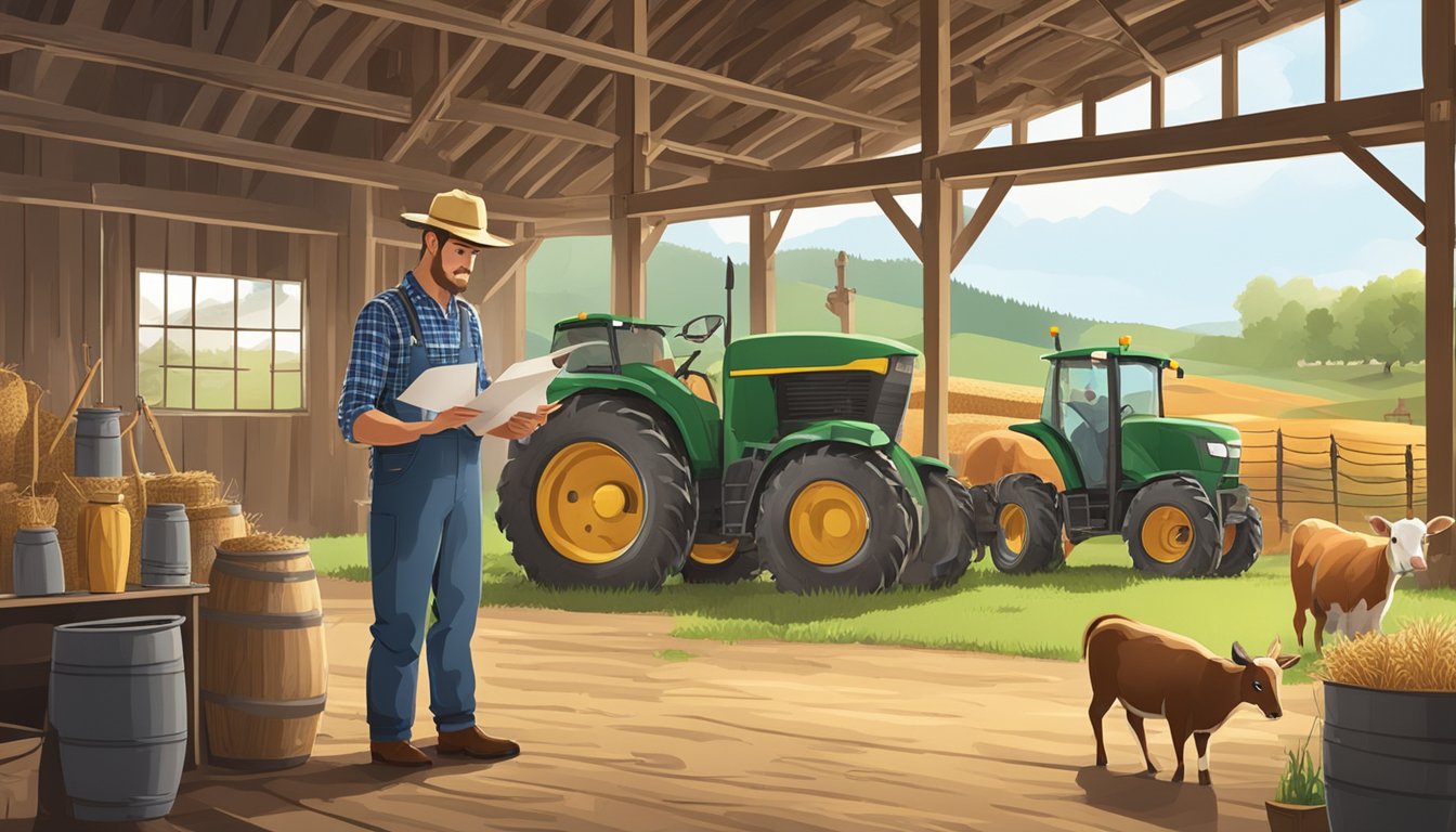 A farmer filling out paperwork while standing in a rustic barn surrounded by agricultural equipment and livestock