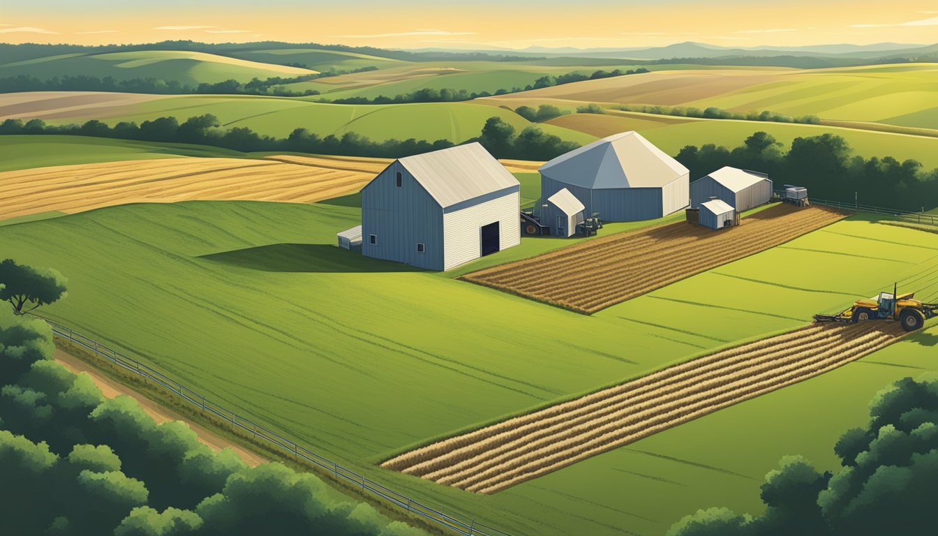 Rolling fields of farmland in Armstrong County, Texas, with grazing livestock and agricultural equipment