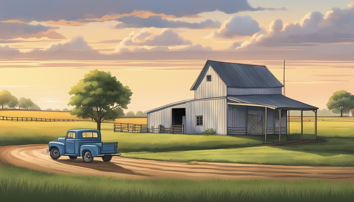 A rural landscape in Bowie County, Texas, with a farmhouse, barn, and open fields. A sign displaying "Ag Exemption" and a tax assessor's vehicle parked nearby