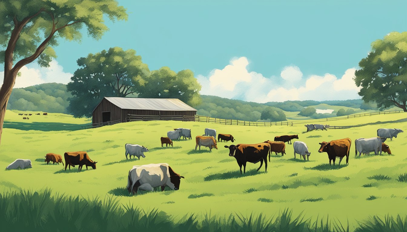 Rolling hills of green pasture dotted with grazing cattle and a rustic barn under a clear blue sky in Austin County, Texas