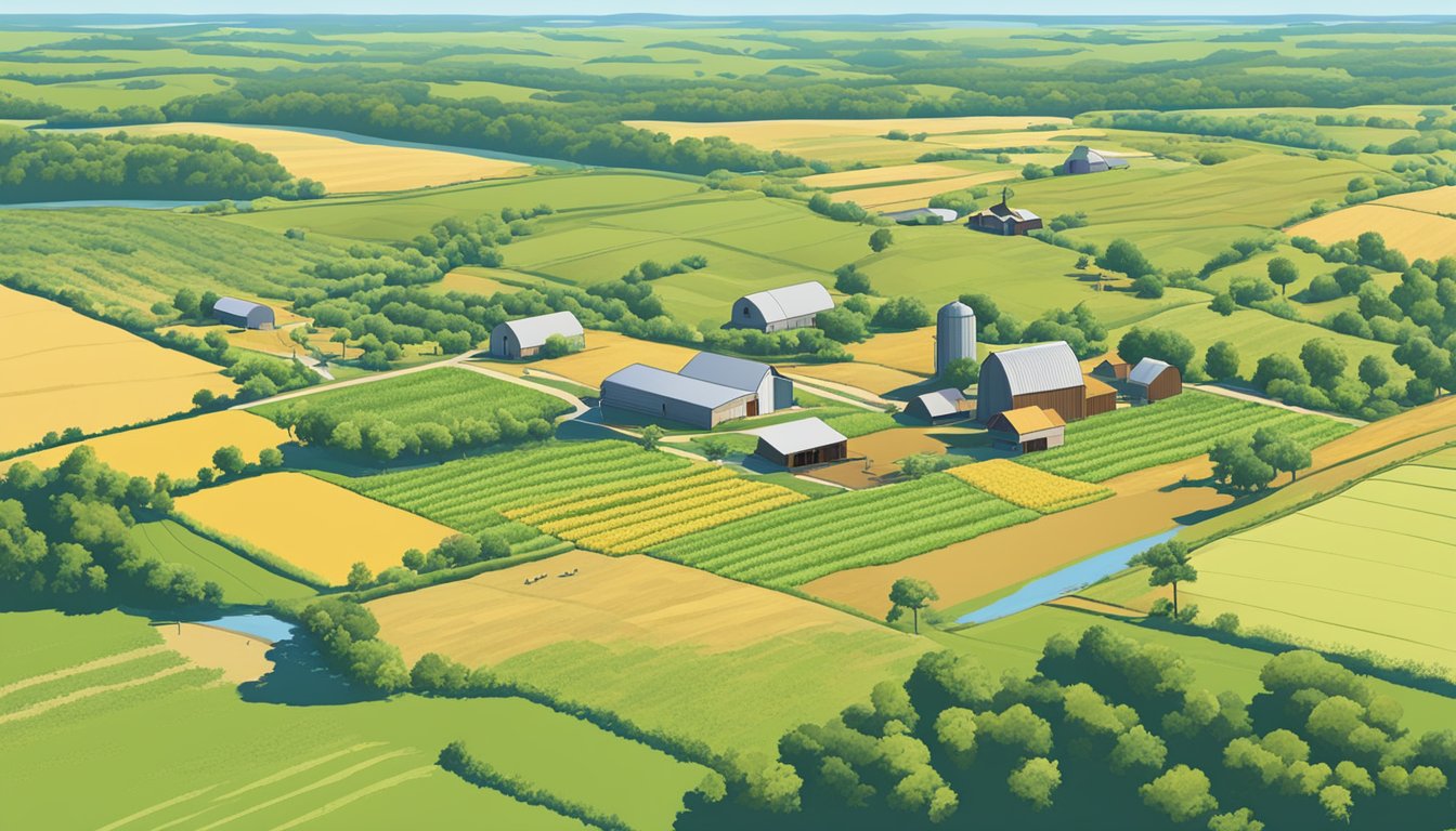 A sprawling farm in Angelina County, Texas, with fields of crops and livestock, surrounded by rolling hills and a clear blue sky