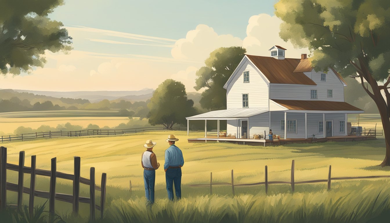 A rural landscape in Austin County, Texas with a farmhouse, barn, and open fields. A farmer and assessor discussing agricultural exemption