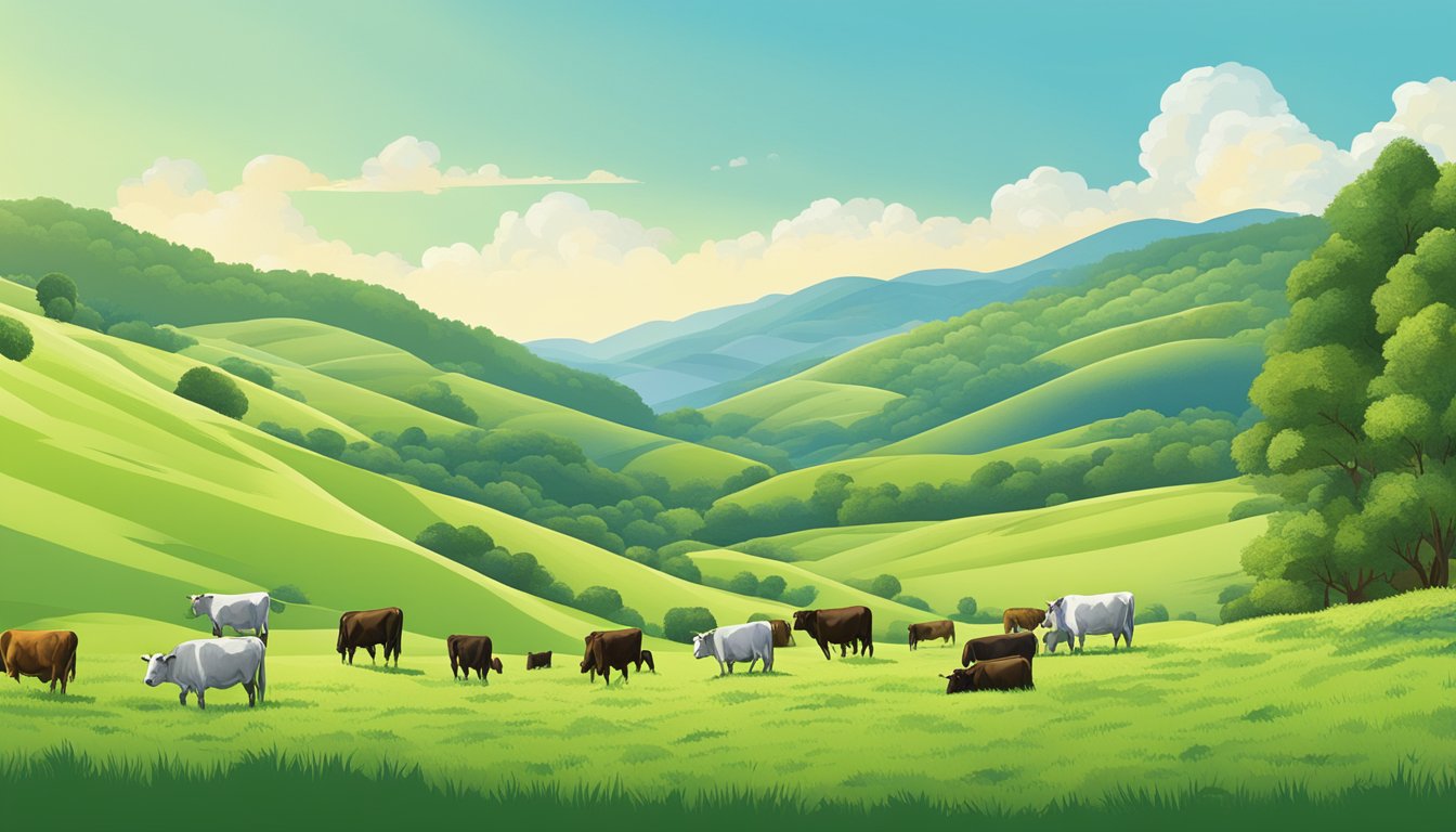 Rolling hills of green pastures dotted with grazing cattle, bordered by dense forests and a clear blue sky overhead