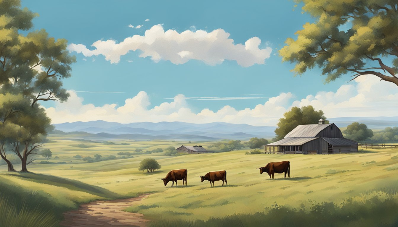 A sprawling Texas landscape with rolling hills, grazing cattle, and a rustic farmstead, set against a backdrop of a clear blue sky