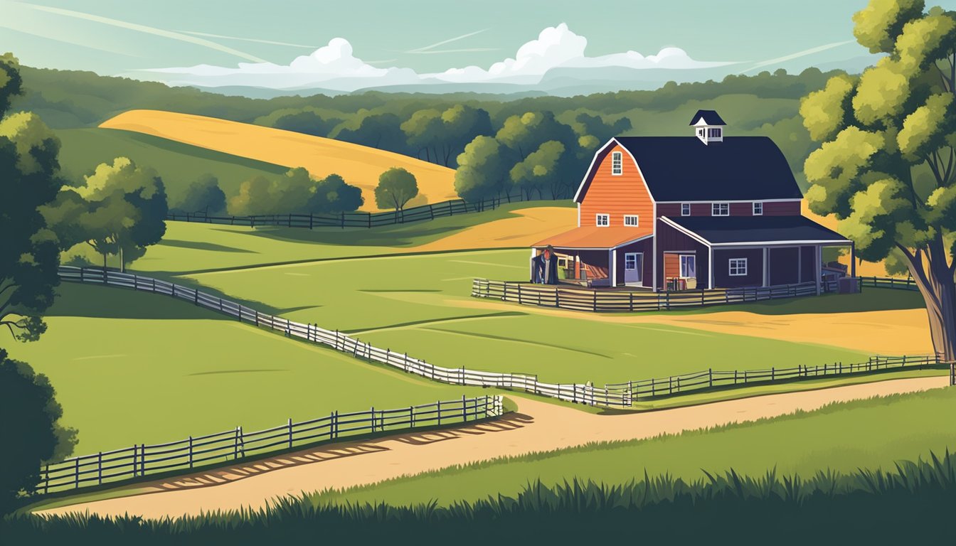 A rural landscape with a farmhouse, barn, and fields in Angelina County, Texas. A farmer is filling out paperwork for an agricultural exemption