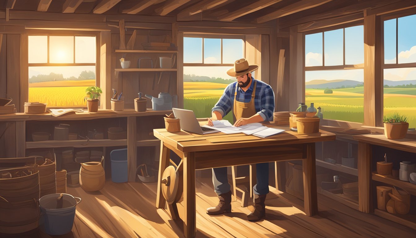 A farmer filling out paperwork at a rustic wooden desk in a sunlit barn, surrounded by agricultural equipment and fields