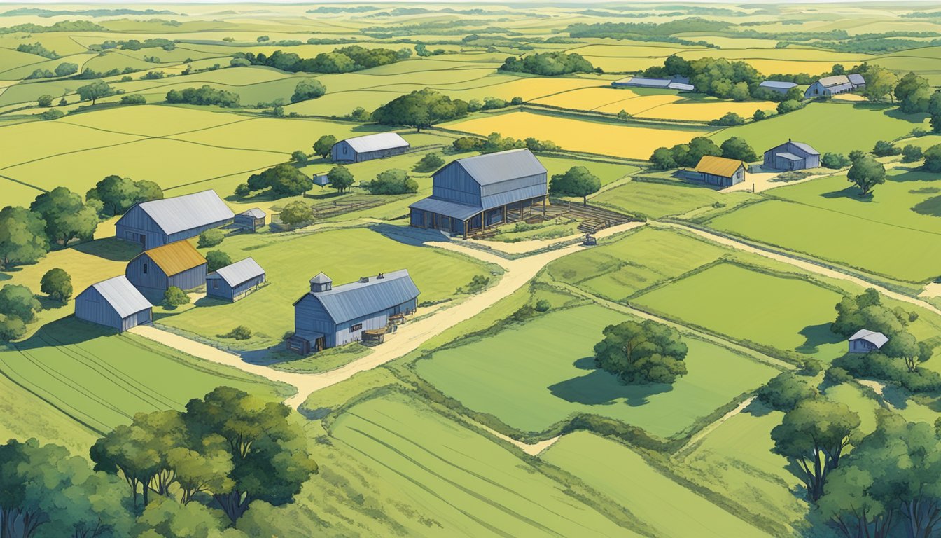 A sprawling agricultural property in Blanco County, Texas, with rolling fields, a farmhouse, and livestock grazing under a clear blue sky