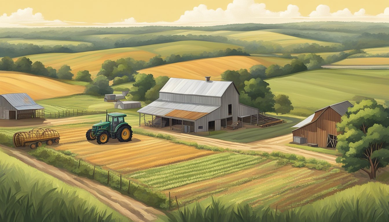 A rural landscape in Austin County, Texas, with a farmhouse, barn, and open fields. A tractor or other agricultural equipment may be present