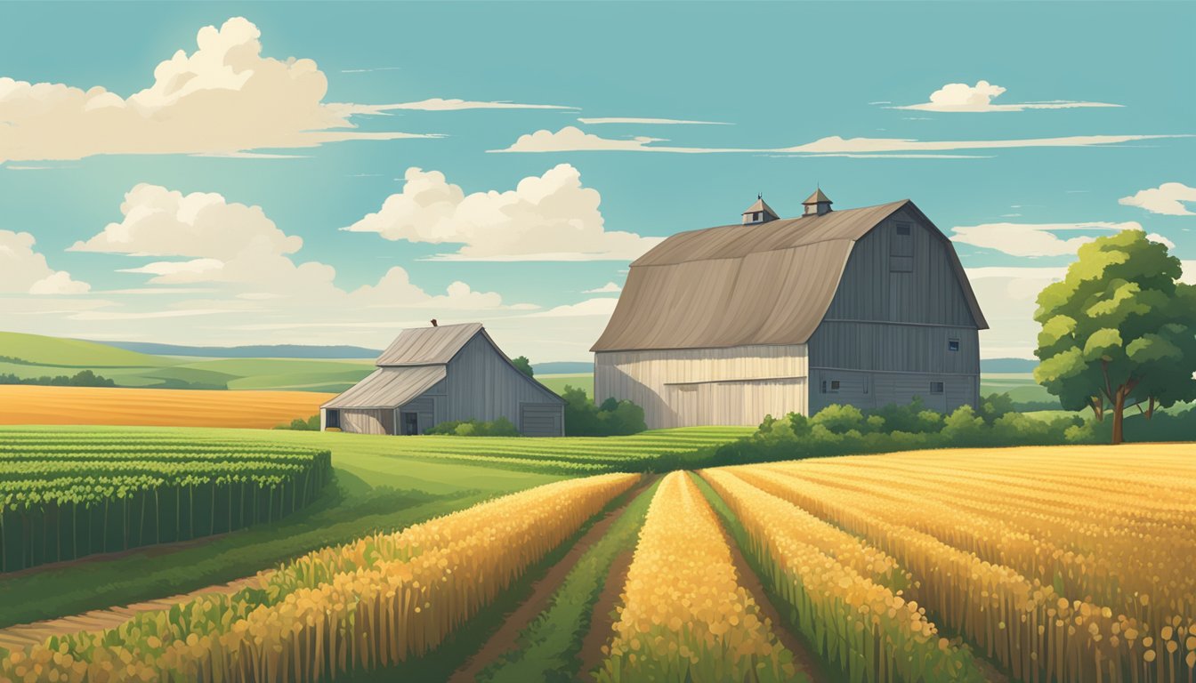 A rural landscape with a large field of crops, a farmhouse, and a barn, with a clear blue sky overhead