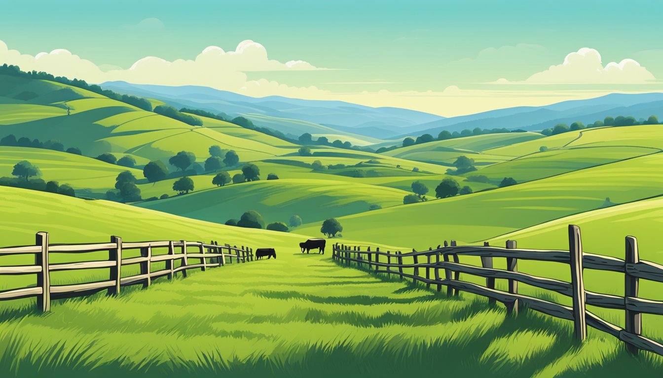 Rolling hills of green pastures dotted with grazing cattle, bordered by wooden fences and a clear blue sky overhead