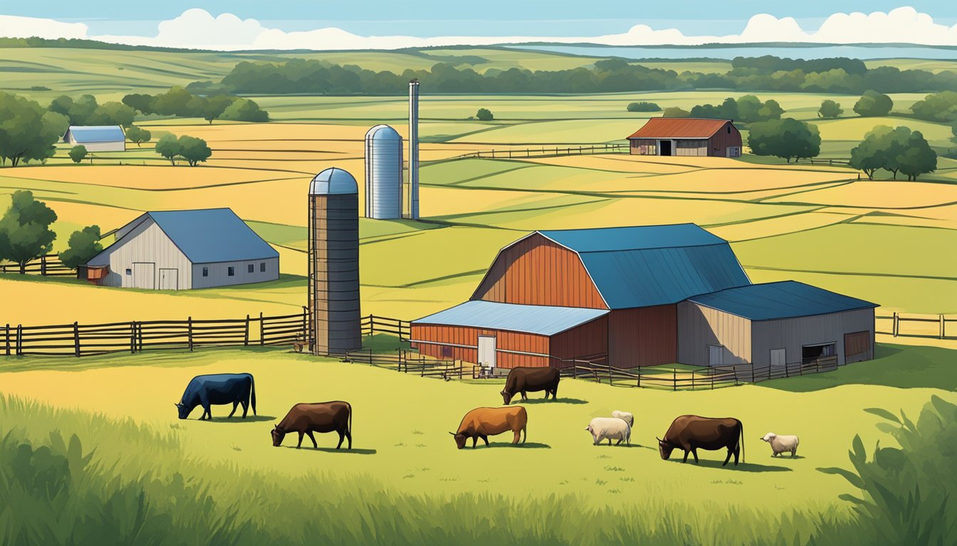 A rural landscape in Archer County, Texas, with a barn, grazing livestock, and a farmer working the fields to depict the eligibility criteria for ag exemption