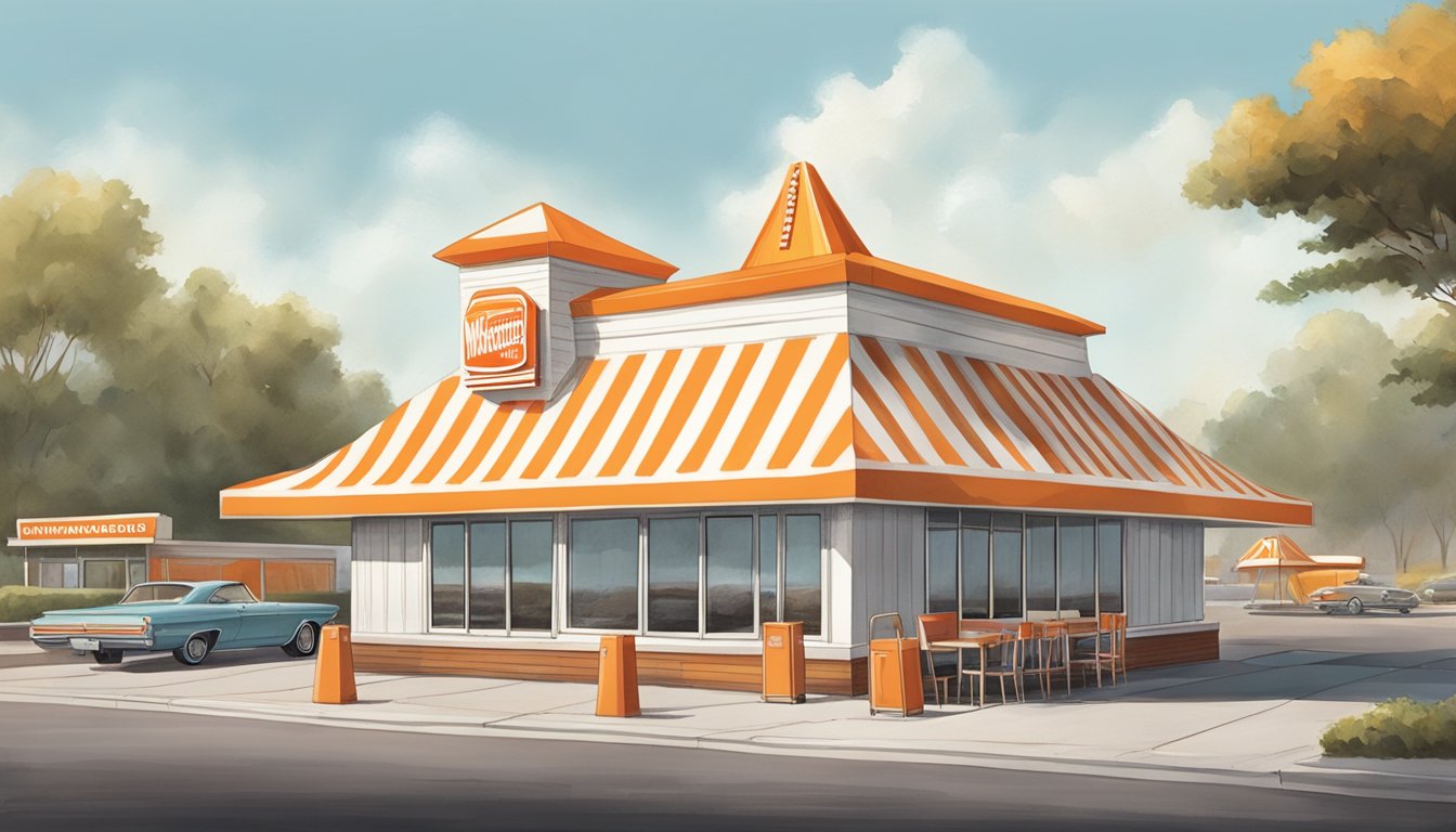 A vintage Whataburger restaurant with the iconic orange and white striped A-frame roof, surrounded by a parking lot and a drive-thru lane