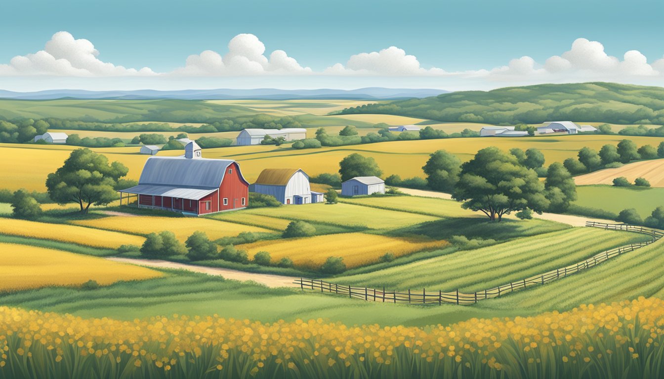 A rural landscape in Bee County, Texas with a farmhouse, barn, and fields of crops, surrounded by rolling hills and a clear blue sky