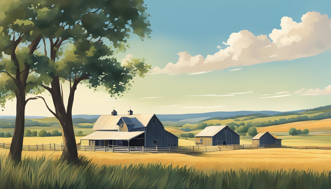 A rural landscape in Archer County, Texas, with a farmhouse, barn, and open fields, surrounded by rolling hills and a clear blue sky