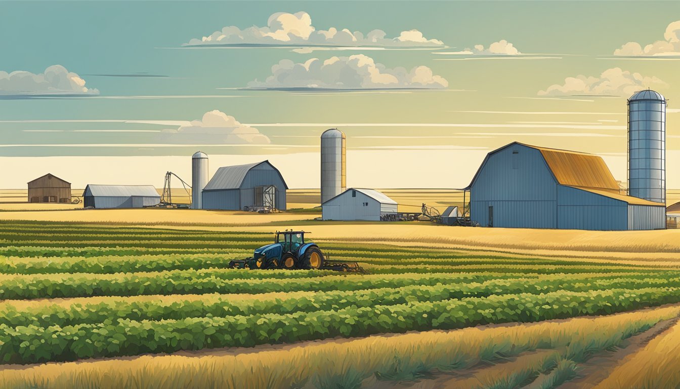 Rolling fields of crops and grazing land in Archer County, Texas, with farm buildings and equipment scattered throughout