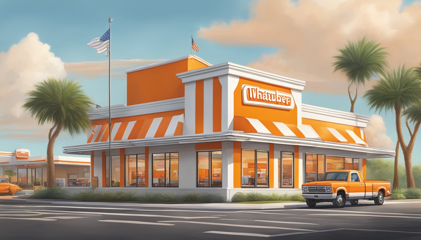 A bustling Whataburger restaurant with drive-thru, outdoor seating, and iconic orange-and-white striped building