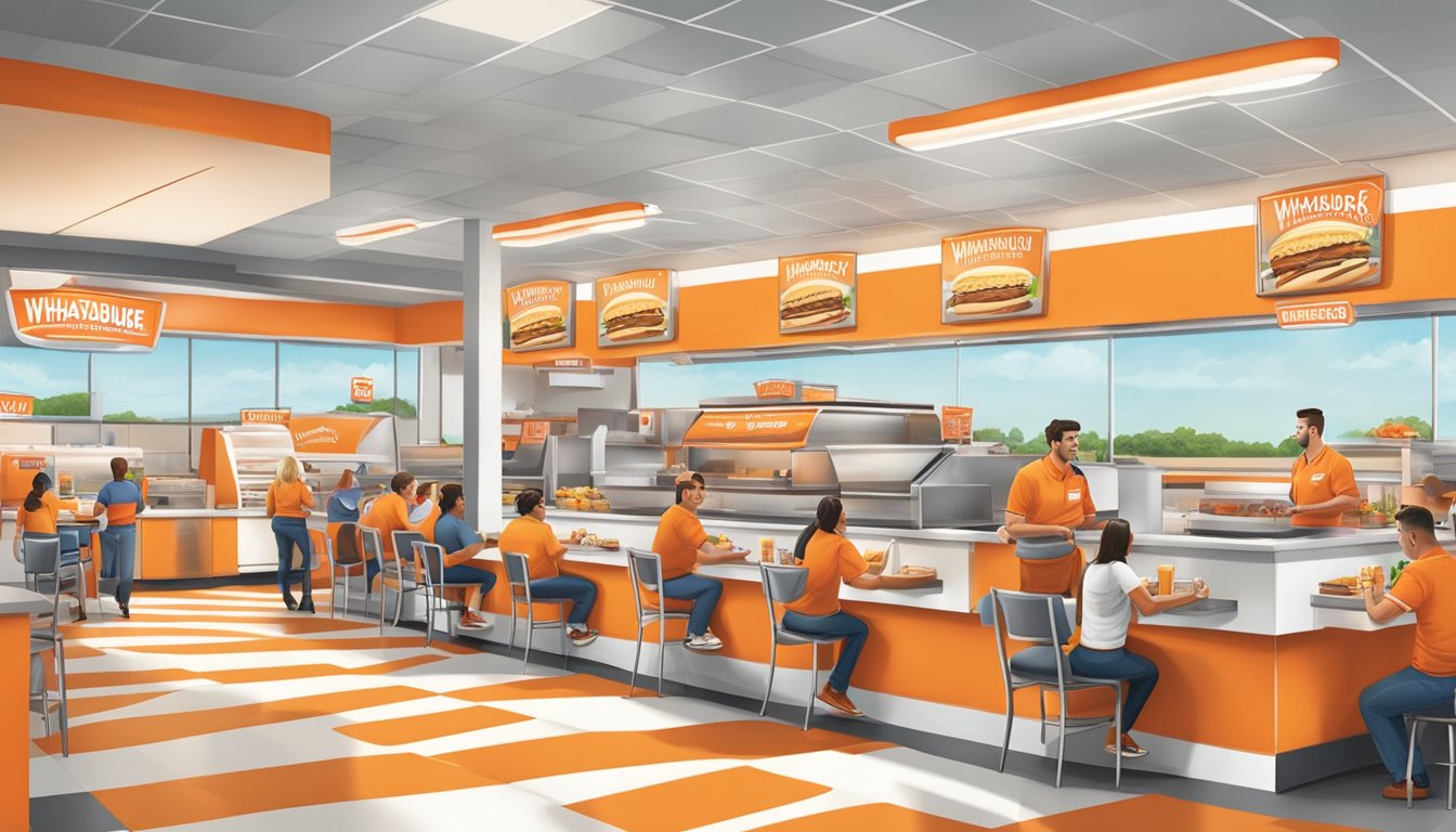 A bustling Whataburger restaurant with iconic orange and white stripes, friendly staff, and happy customers enjoying their meals