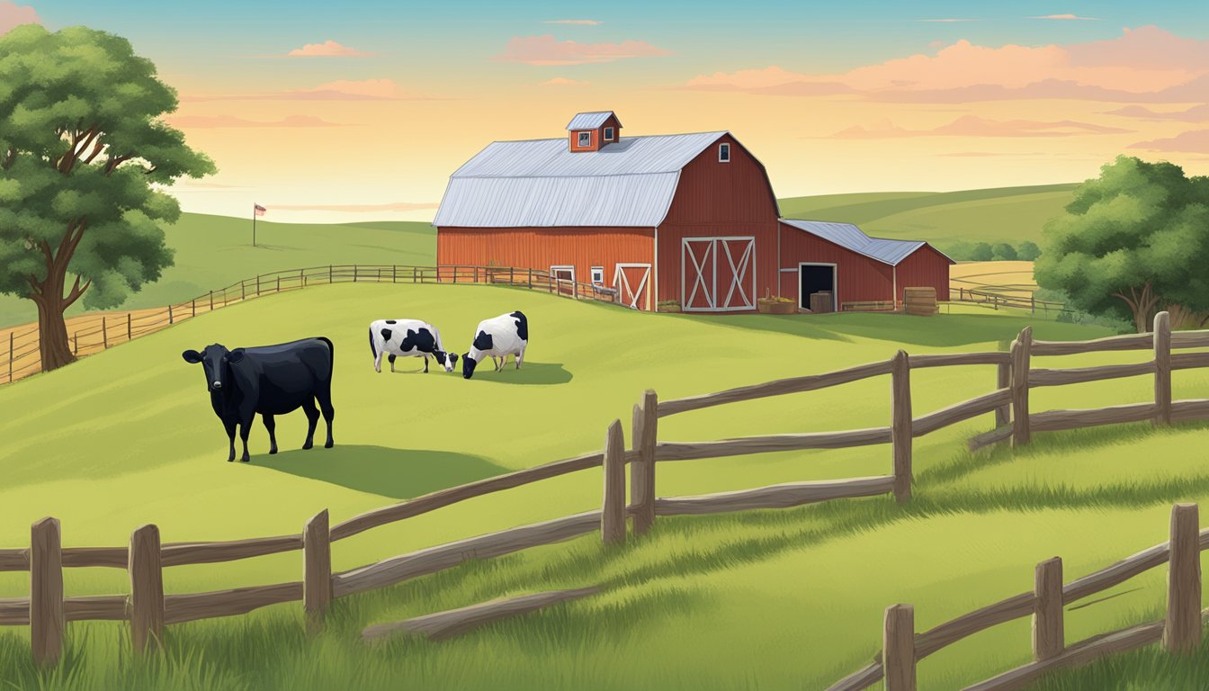 Rolling hills of Archer County, Texas with grazing livestock, a farmhouse, and a barn. A sign displaying "Ag Exemption" and a tax form on a desk