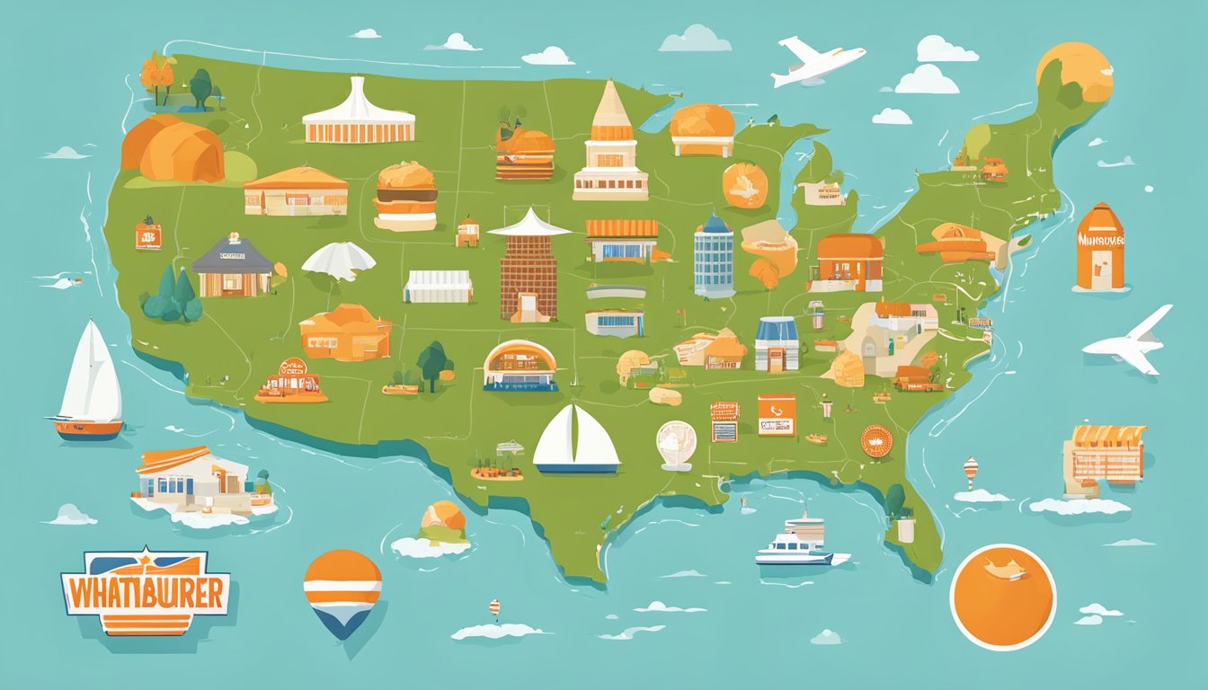 A map of various geographic regions with icons representing Whataburger locations