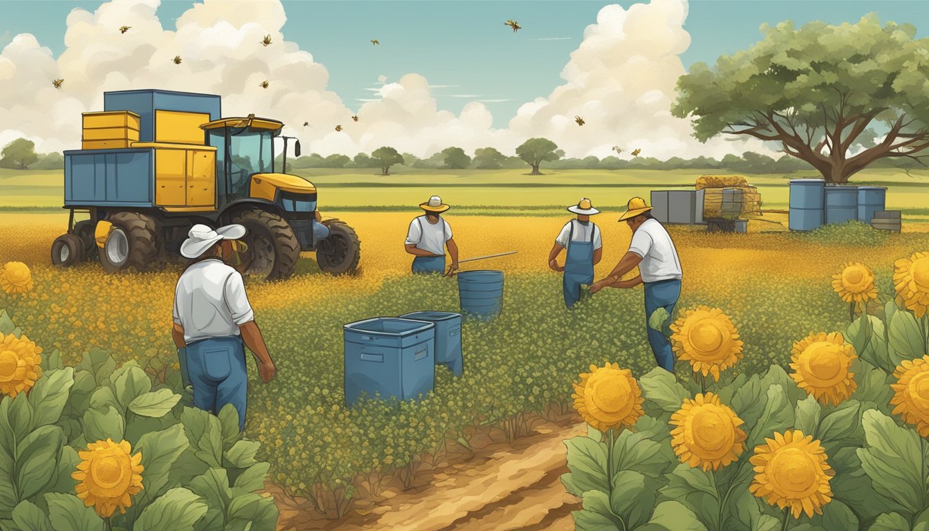 A field in Bee County, Texas with various agricultural practices and exemptions in action, such as beekeeping and crop cultivation