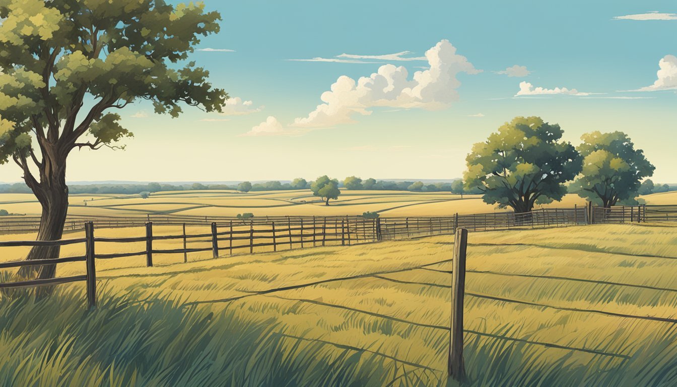 A sprawling rural landscape in Andrews County, Texas, with fields of crops and grazing livestock, bordered by a rustic fence and a clear blue sky overhead