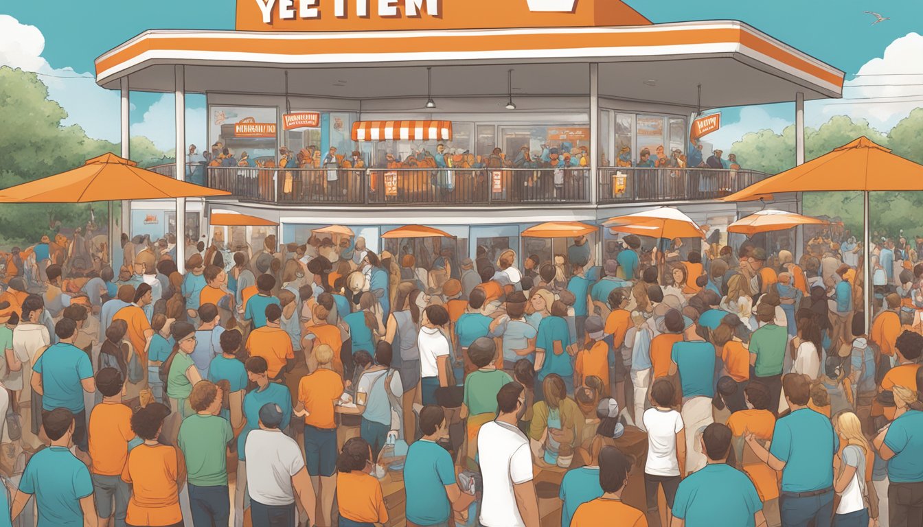 A crowded outdoor event with people using branded Yeti tumblers, surrounded by Whataburger signage and merchandise