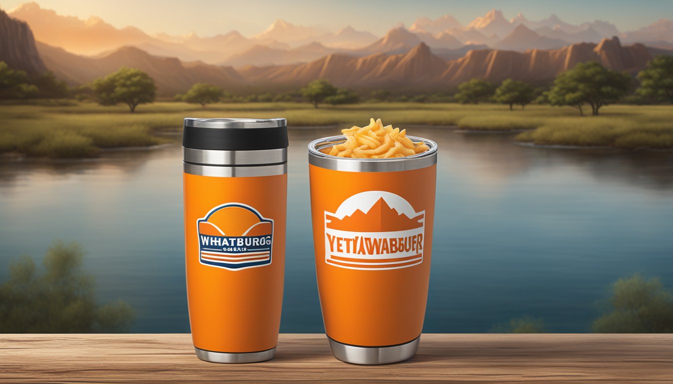 A sleek, stainless steel Yeti tumbler with a bold Whataburger logo, sitting on a rustic wooden table with a backdrop of a Texas landscape