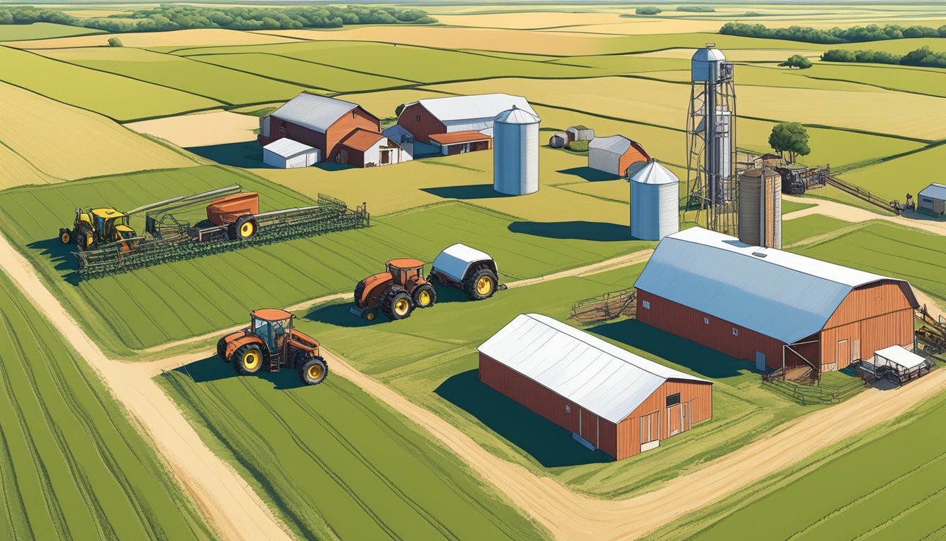 Lush fields of crops and grazing livestock in Andrews County, Texas, with farm equipment and barns scattered throughout