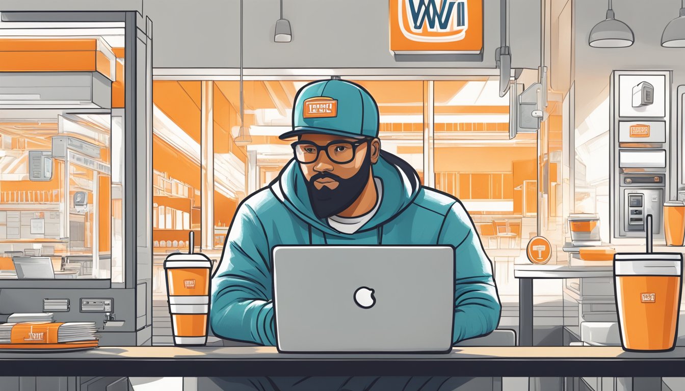 A person using a laptop to order Whataburger online while their Yeti tumbler sits nearby, with a lock icon symbolizing online security and privacy