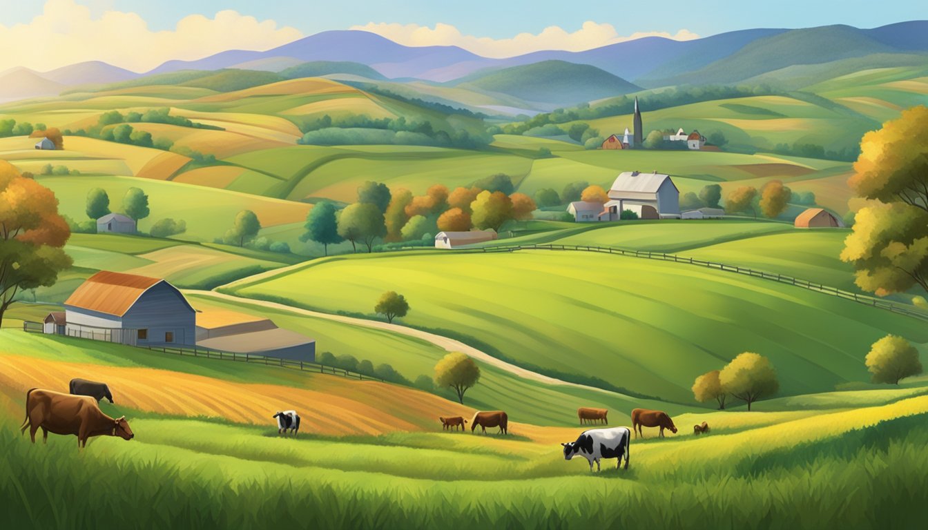 A rural landscape with rolling hills, cattle grazing in open pastures, and fields of crops being tended to by farmers