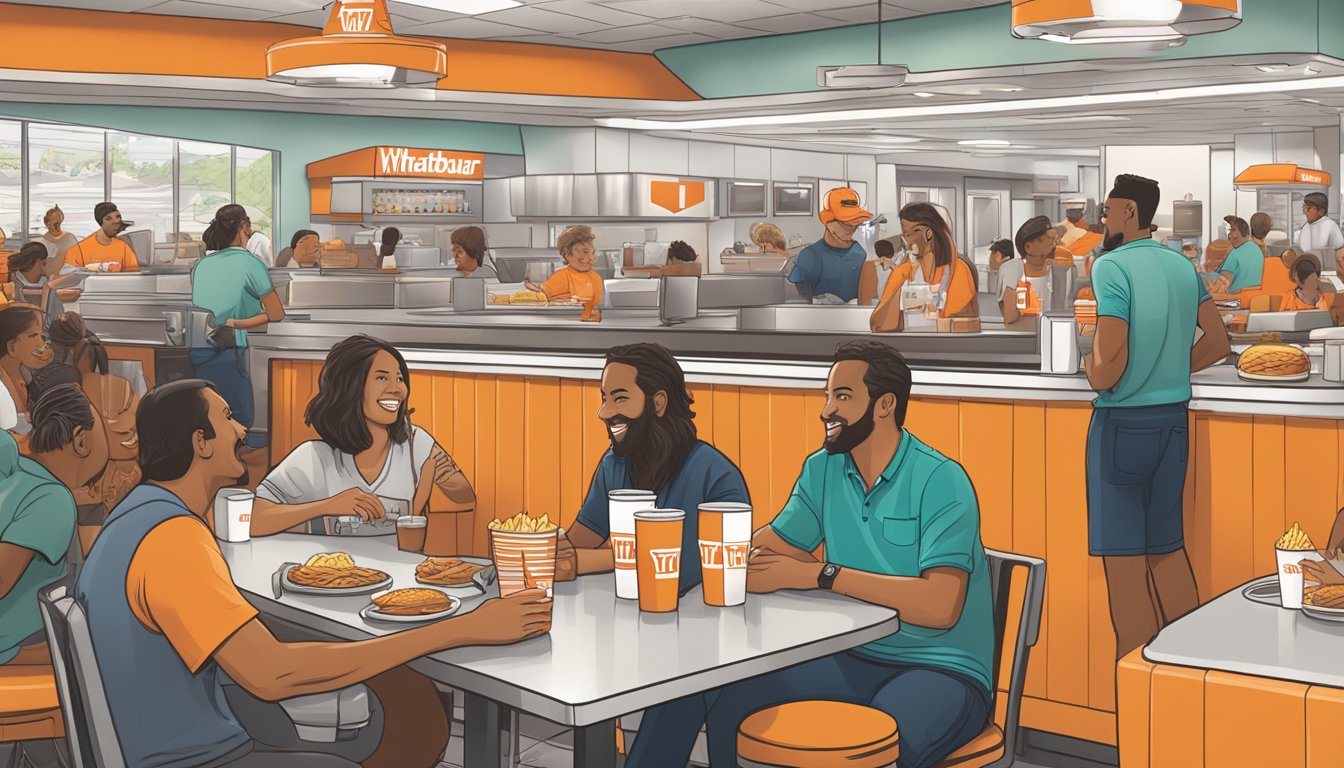 A crowded Whataburger restaurant with customers enjoying their meals, while a branded Yeti cup sits on a table