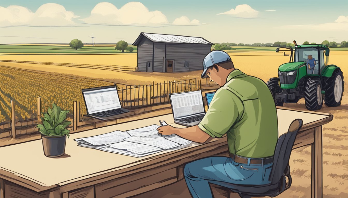 A farmer filling out paperwork at a desk surrounded by agricultural equipment and fields in Andrews County, Texas