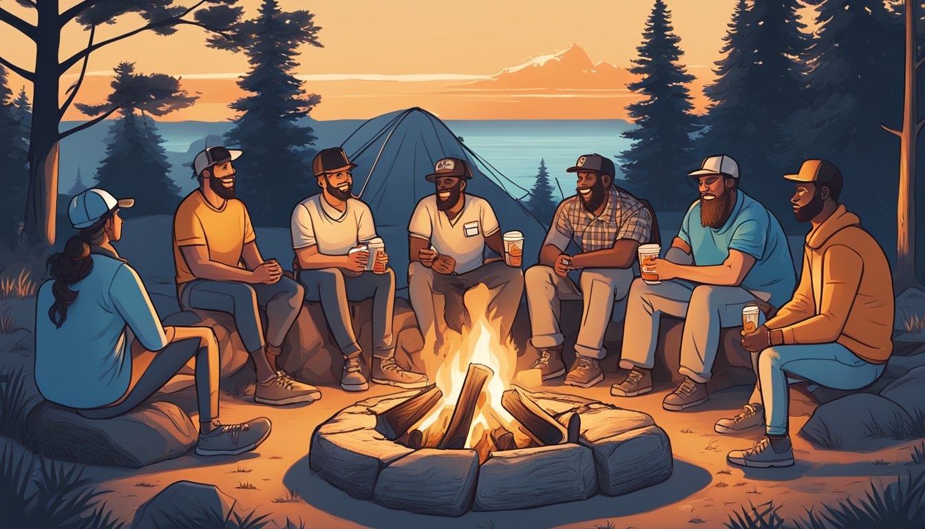 A group of people gather around a campfire, roasting marshmallows and sharing stories. A WhatABurger Yeti cooler sits nearby, filled with drinks for everyone to enjoy