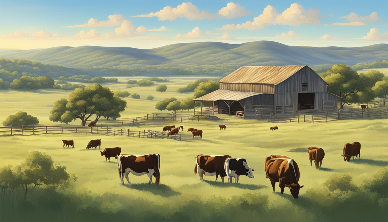 A sprawling ranch in Bandera County, Texas, with rolling hills, grazing cattle, and a rustic barn, all under a clear blue sky