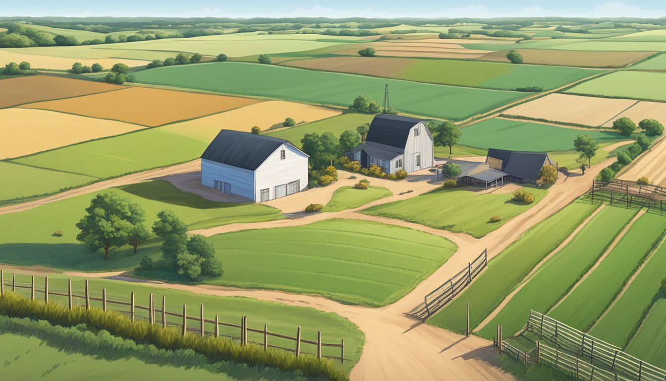 A rural landscape in Andrews County, Texas, with a farmhouse, barn, and fields of crops, all surrounded by fencing and marked with ag exemption signs