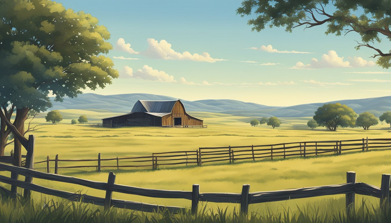 A vast, open field in Bandera County, Texas, with grazing livestock and a rustic barn, surrounded by rolling hills and a clear blue sky