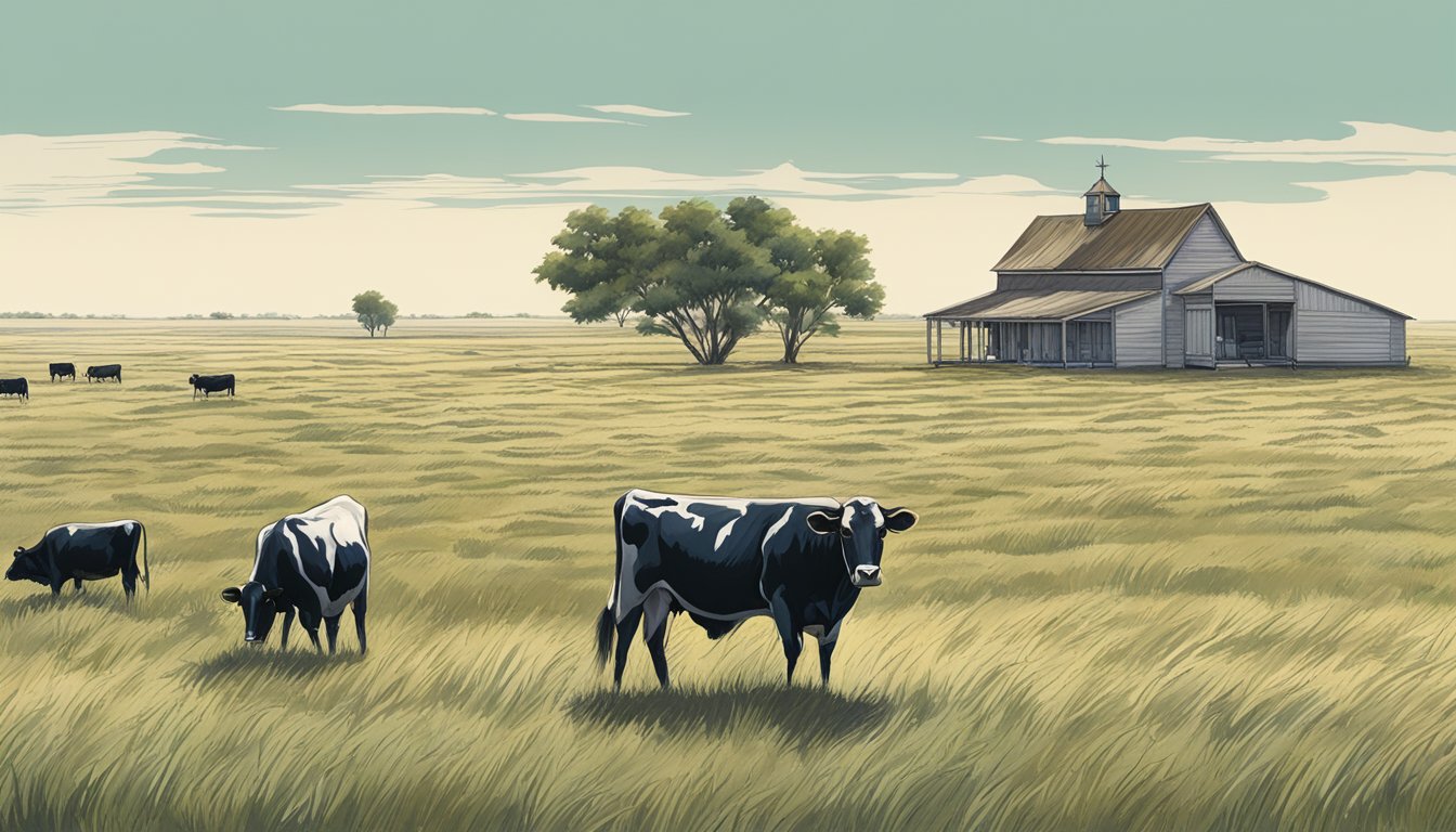 A vast, open field in Andrews County, Texas, with grazing cattle and a farmhouse in the distance