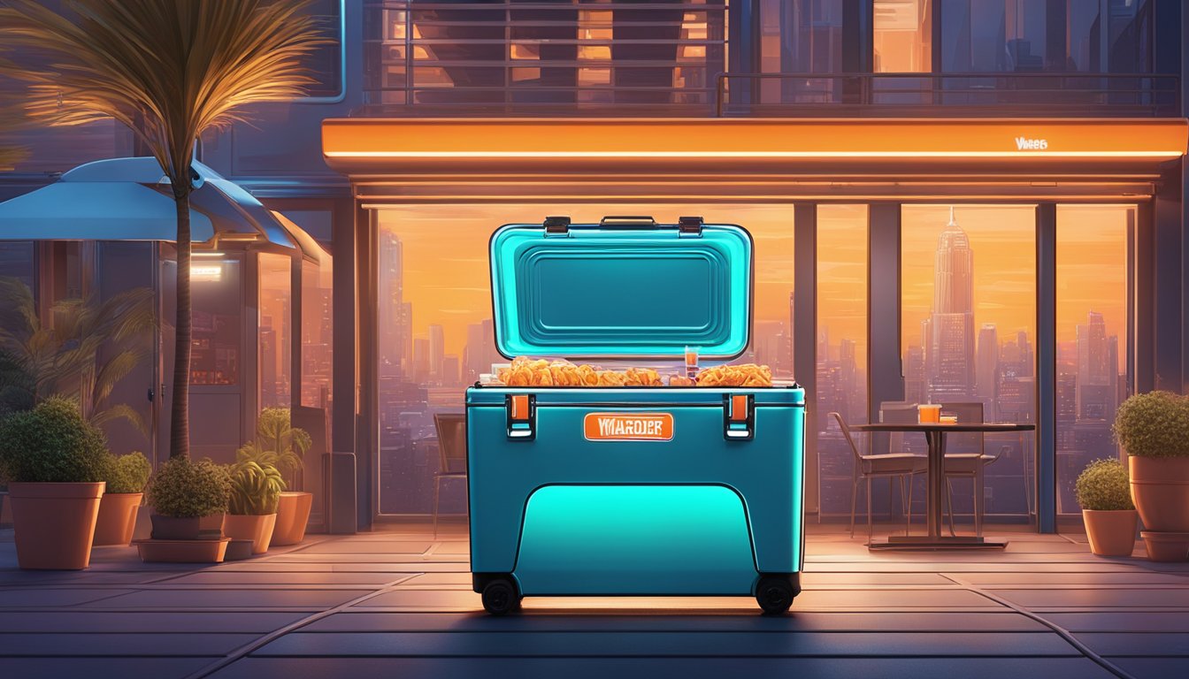 A futuristic Whataburger-themed Yeti cooler sits on a sleek, metallic outdoor patio, surrounded by glowing neon signs and a bustling city skyline