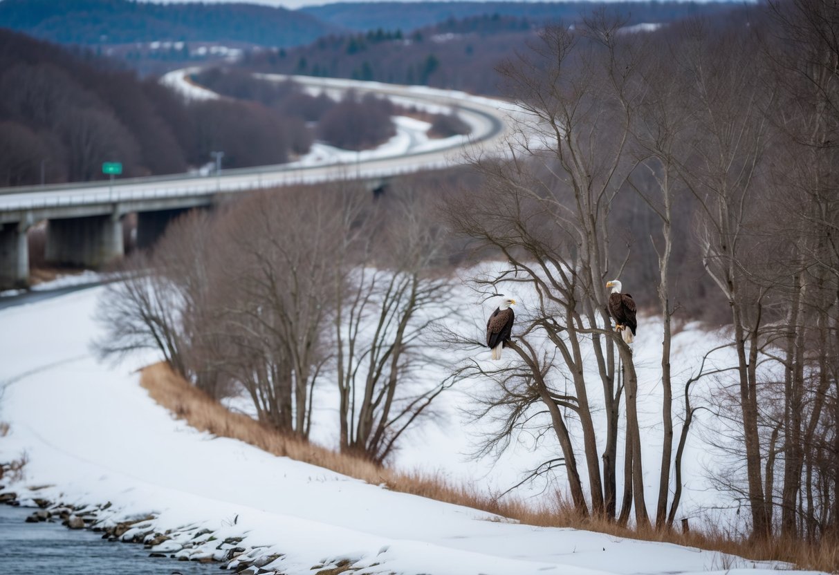 Bald eagles perched in leafless trees along the snowy banks of a winding river, with the highway visible in the background