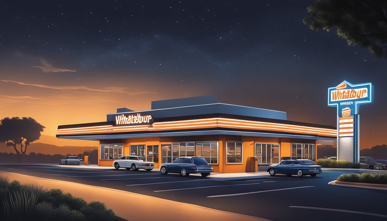 A Whataburger restaurant at night, with the sign illuminated and a few cars in the drive-thru. The building is surrounded by darkness, creating a contrast between the bright interior and the night sky