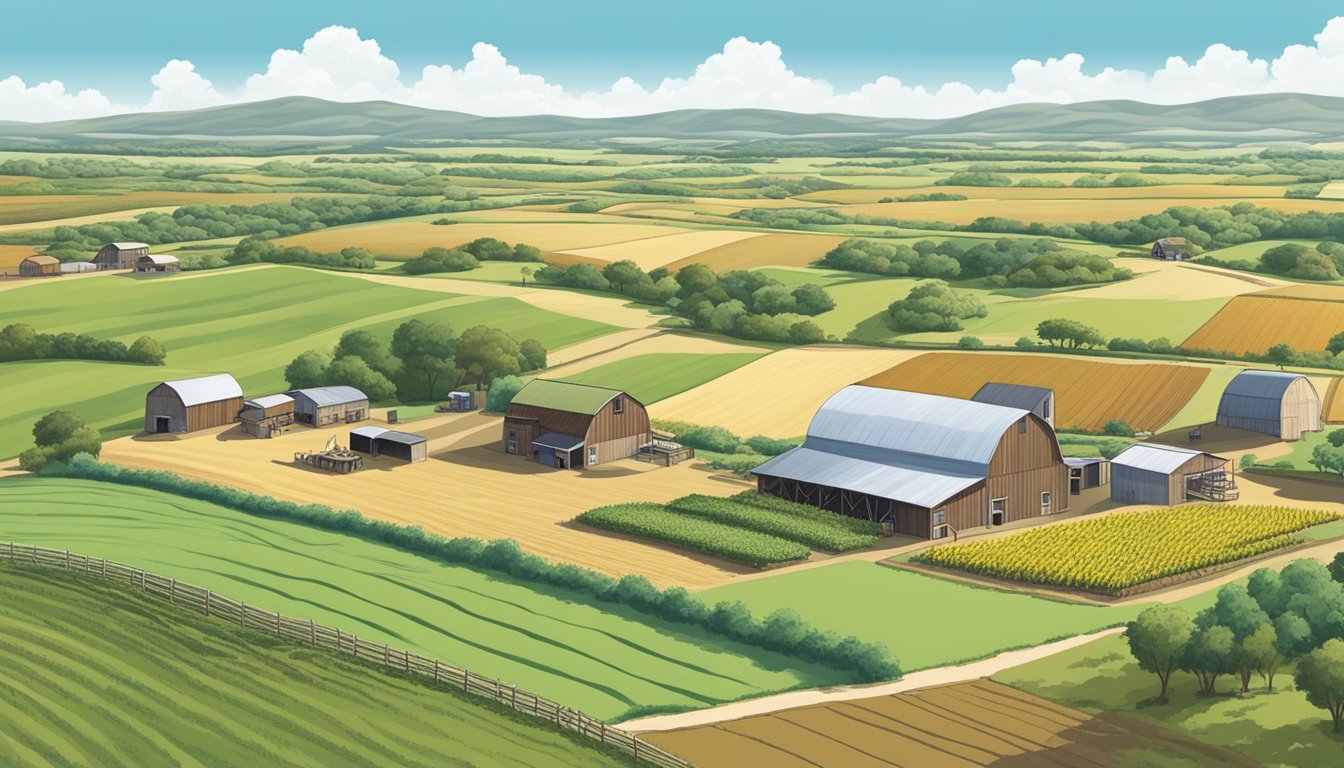 A sprawling farm in Atascosa County, Texas, with fields of crops and grazing livestock, surrounded by rolling hills and a clear blue sky