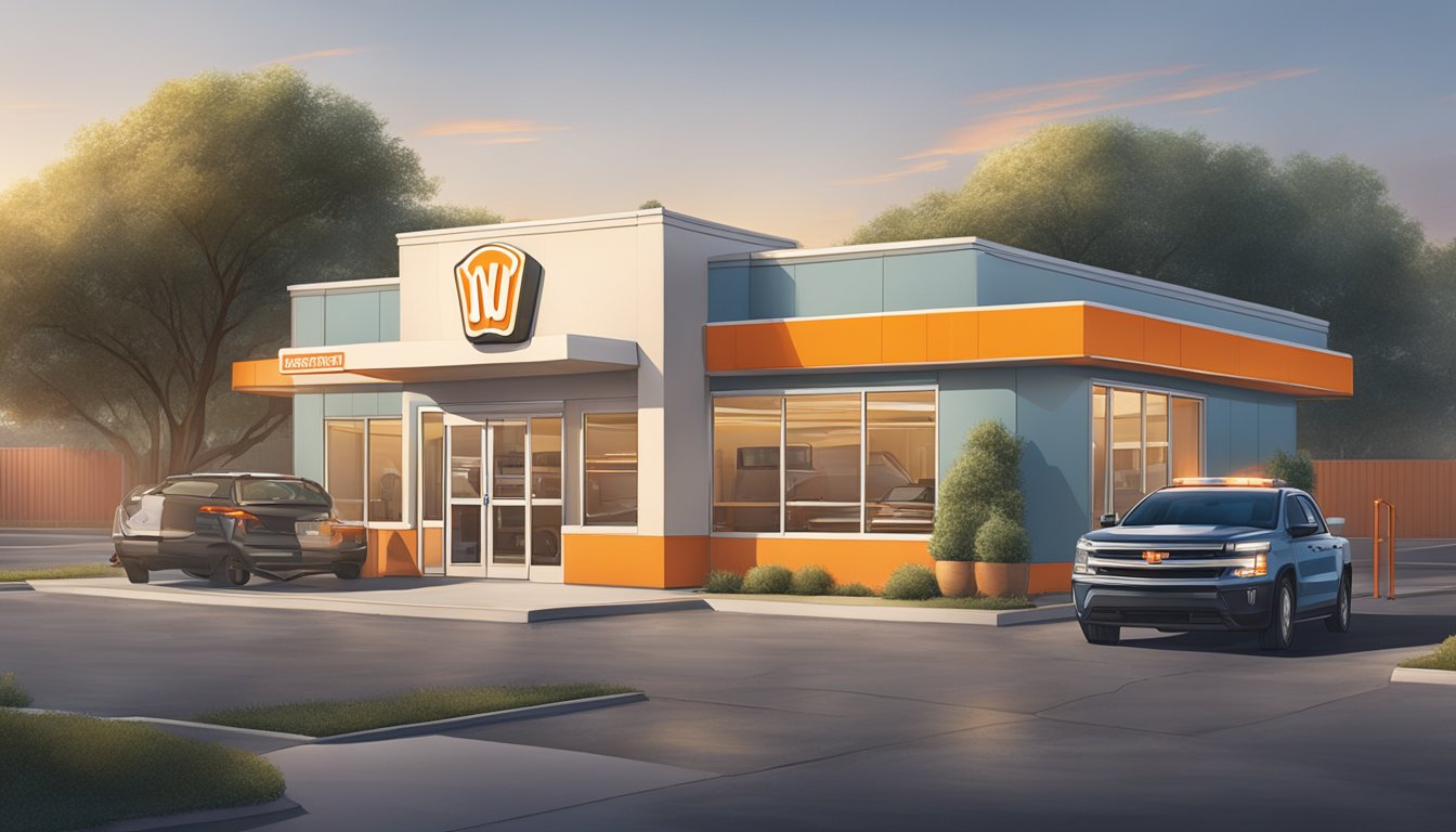 A well-lit Whataburger parking lot with security cameras and a uniformed guard patrolling the premises