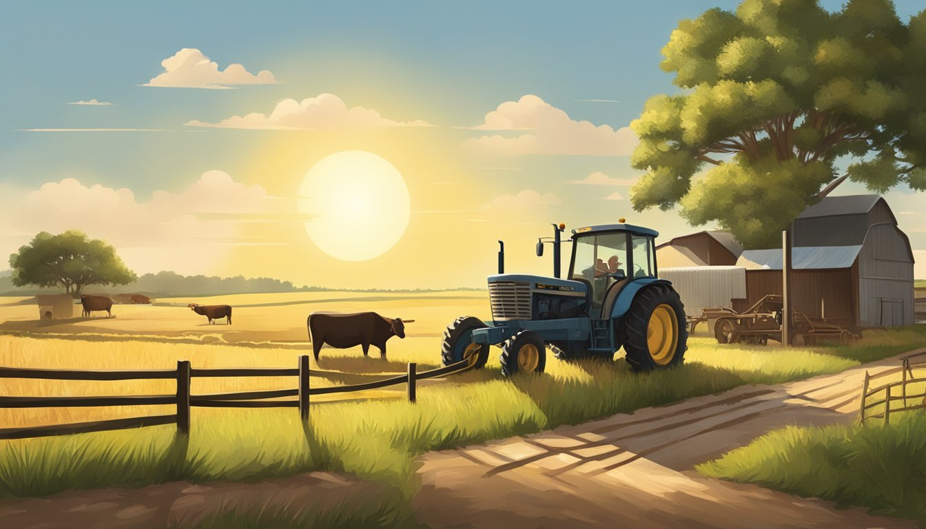 A rural landscape with farmland, livestock, and agricultural equipment, under the Texas sun